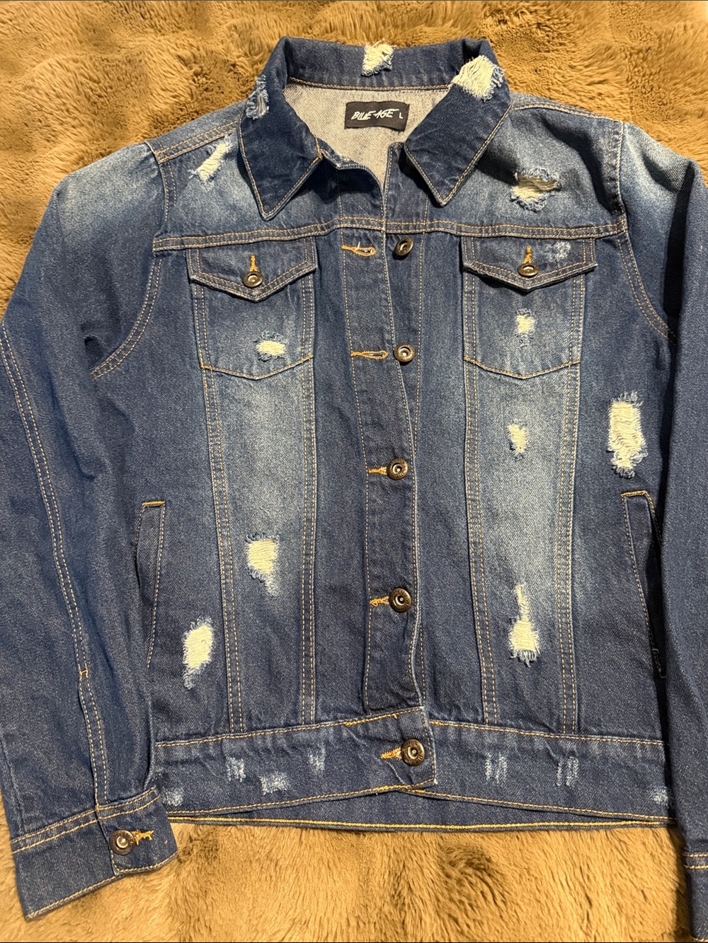 Blue Distressed Denim Jacket - Pale Ride